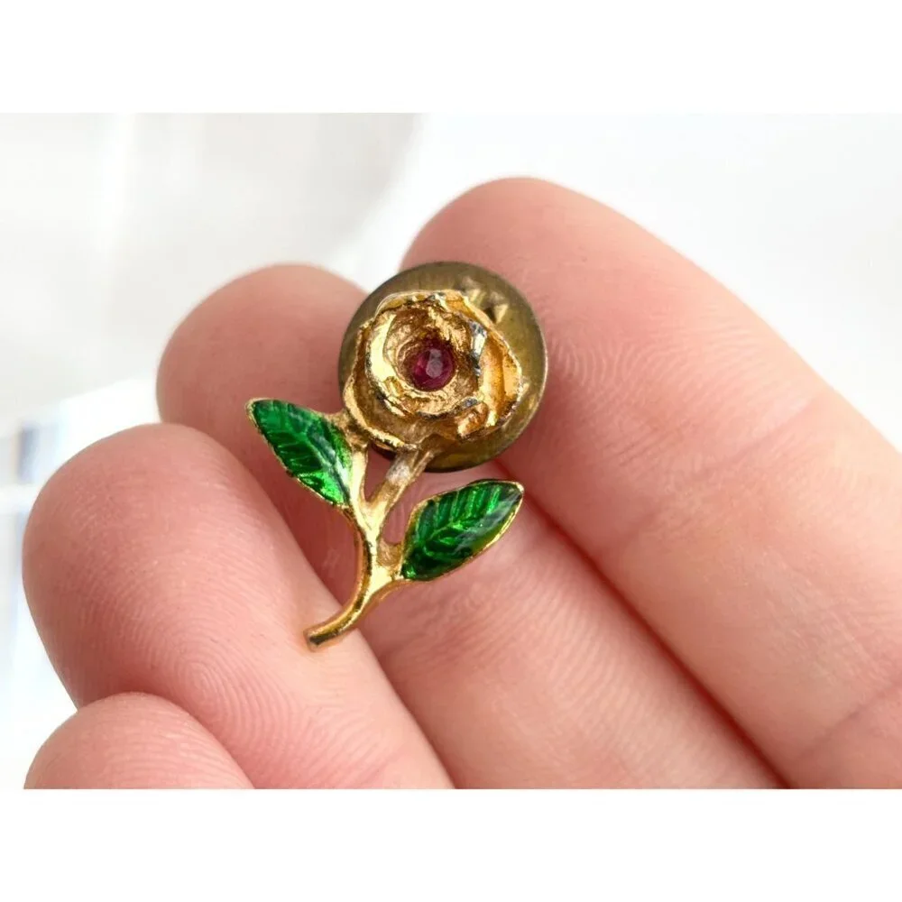 Gold Toned Rosebud Green Enameled Vintage Cute Costume Jewelry Brooch